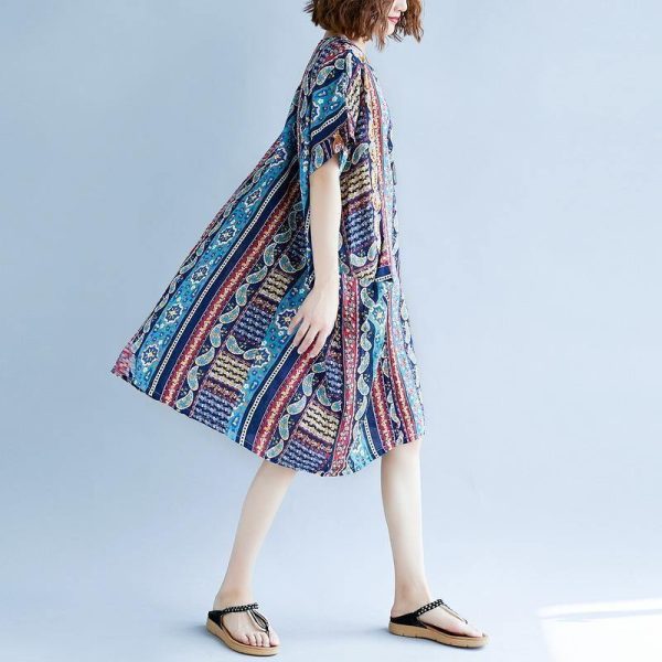 2018 striped cotton linen dresses plus size short sleeve baggy dresses cotton linen dresses boutique o neck traveling dress - Image 4