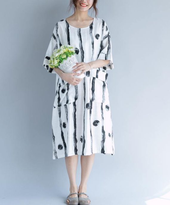 2018 white cotton knee dress plus size clothing shirt dress fine short sleeve baggy dresses print o neck cotton dresses