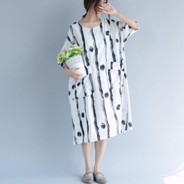 2018 white cotton knee dress plus size clothing shirt dress fine short sleeve baggy dresses print o neck cotton dresses - Image 2