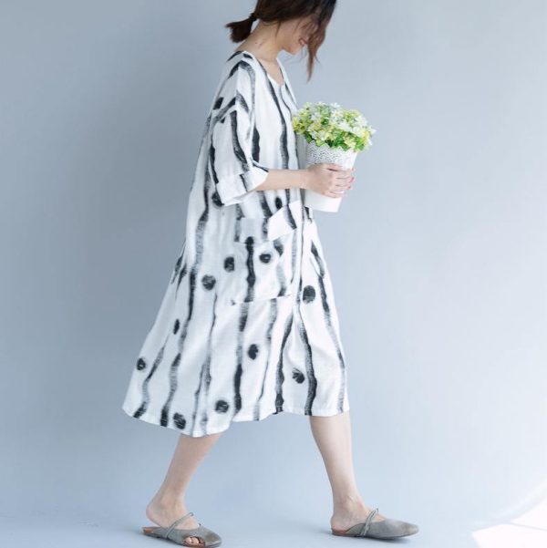 2018 white cotton knee dress plus size clothing shirt dress fine short sleeve baggy dresses print o neck cotton dresses - Image 3