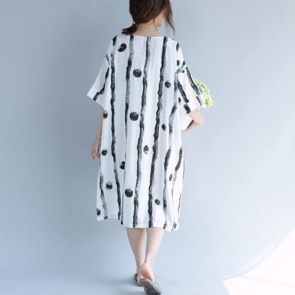 2018 white cotton knee dress plus size clothing shirt dress fine short sleeve baggy dresses print o neck cotton dresses - Image 4