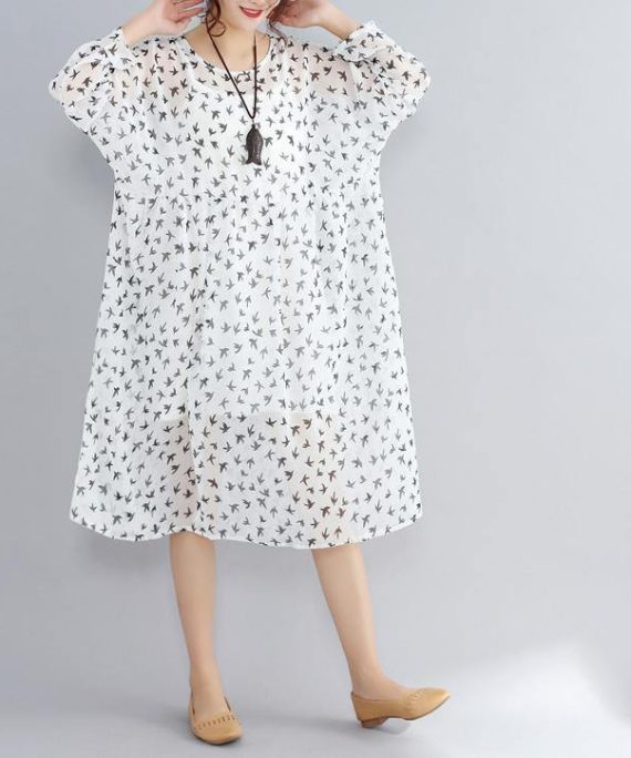 2018 white prints natural chiffon dress oversized long sleeve two pieces chiffon dress
