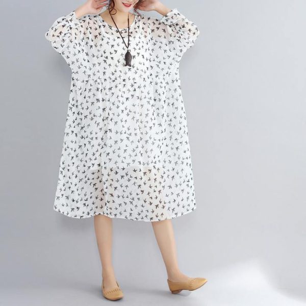 2018 white prints natural chiffon dress oversized long sleeve two pieces chiffon dress
