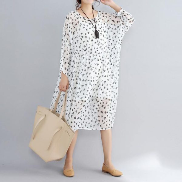 2018 white prints natural chiffon dress oversized long sleeve two pieces chiffon dress - Image 2