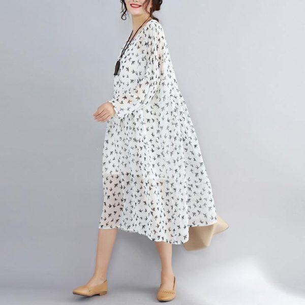 2018 white prints natural chiffon dress oversized long sleeve two pieces chiffon dress - Image 3