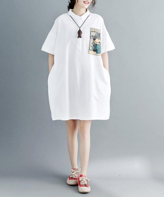 2018 white pure cotton dress oversize clothing dresses 2018 short sleeve Turn-down Collar clothing dresses