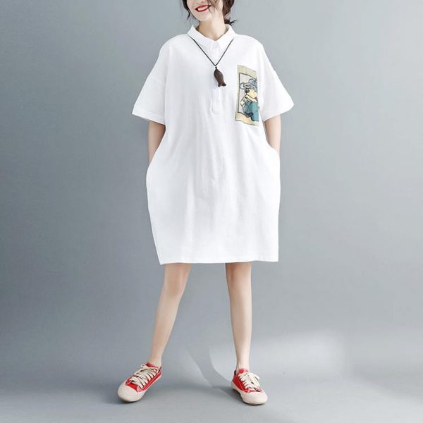 2018 white pure cotton dress oversize clothing dresses 2018 short sleeve Turn-down Collar clothing dresses - Image 2