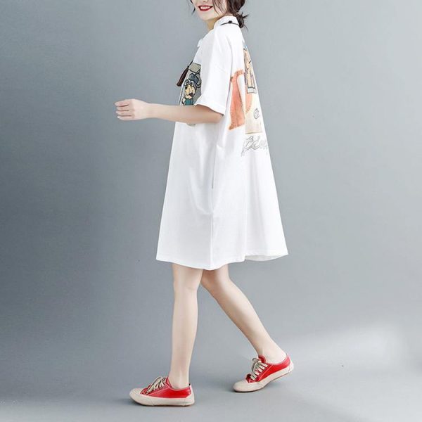 2018 white pure cotton dress oversize clothing dresses 2018 short sleeve Turn-down Collar clothing dresses - Image 3