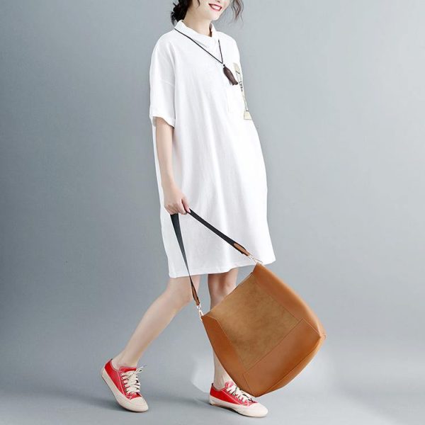 2018 white pure cotton dress oversize clothing dresses 2018 short sleeve Turn-down Collar clothing dresses - Image 4