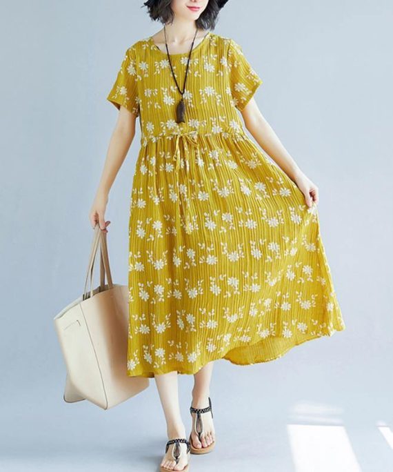 2018 yellow cotton blended shift dresses oversize clothing dress New short sleeve print drawstring clothing dress