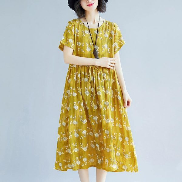 2018 yellow cotton blended shift dresses oversize clothing dress New short sleeve print drawstring clothing dress - Image 2