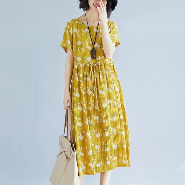 2018 yellow cotton blended shift dresses oversize clothing dress New short sleeve print drawstring clothing dress - Image 3