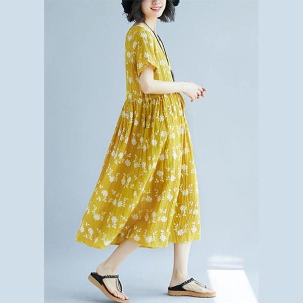 2018 yellow cotton blended shift dresses oversize clothing dress New short sleeve print drawstring clothing dress - Image 4