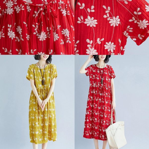 2018 yellow cotton blended shift dresses oversize clothing dress New short sleeve print drawstring clothing dress - Image 5