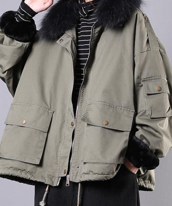 2025 army green casual outfit oversize snow jackets pockets faux fur collar winter coats