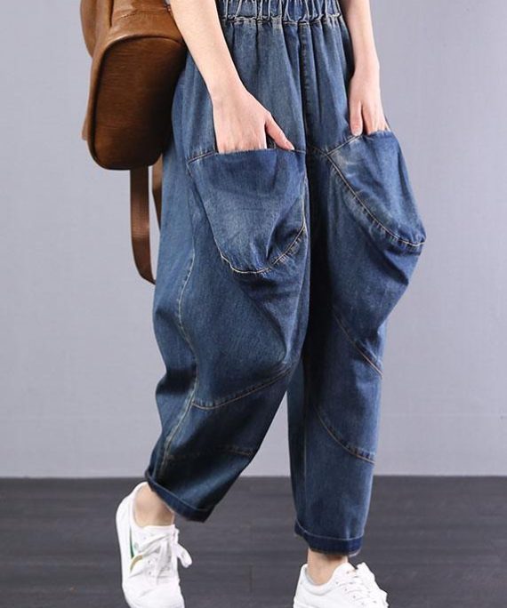2025 autumn old casual pants big pockets denim blue harem pants