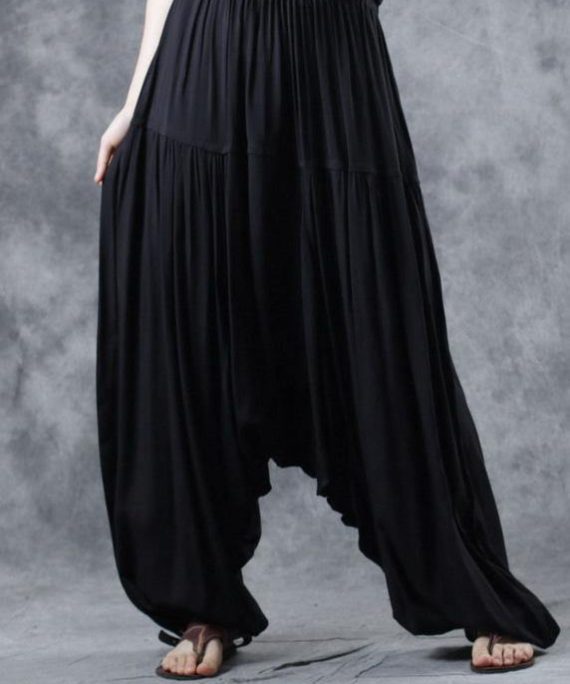 2025 black elastic waist new linen pants loose Cinched harem pants