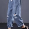 2025 new denim blue plus size pants elastic waist drawstring ripped Jeans