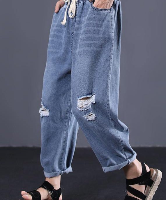 2025 new denim blue plus size pants elastic waist drawstring ripped Jeans