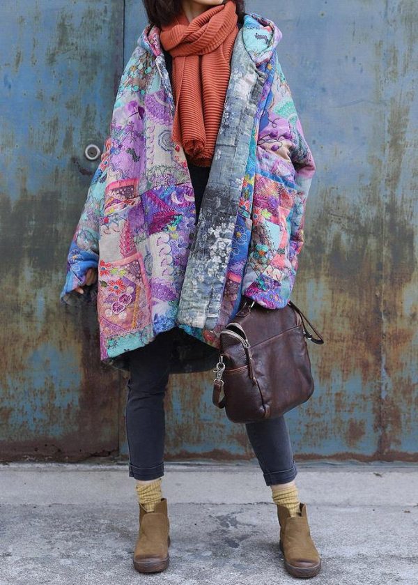 2025 purple prints overcoat oversized warm winter coat hooded patchwork overcoat - Image 3