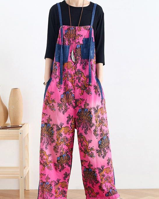 2025 retro national style rose printed loose denim overalls