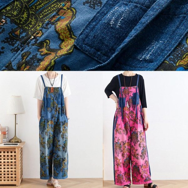 2025 retro national style rose printed loose denim overalls - Image 5