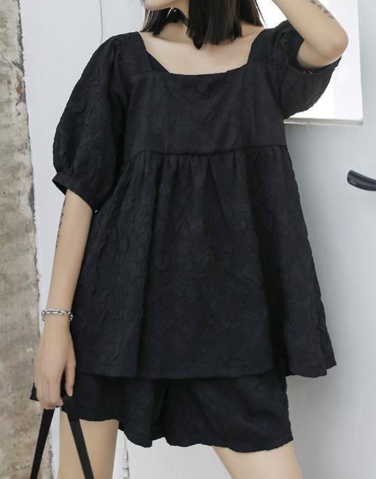 2025 women's summer fashion western style bubble sleeve black top and shorts two-pieces