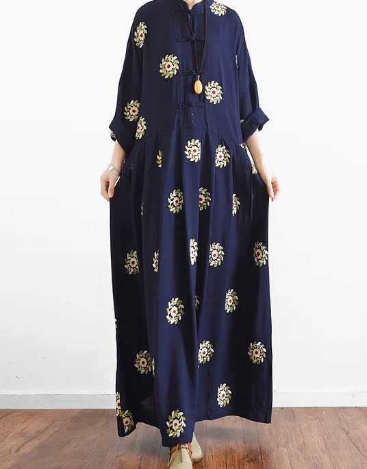 2025 fall Navy embroidered chiffon dresses oversized chiffon gown caftans traveling