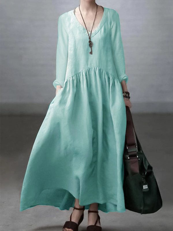 Simple and Loose V-neck Cotton and Linen Dress - Image 9
