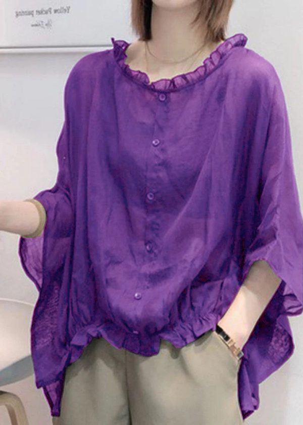 Art Navy Tops Ruffles Trim Half Sleeve Shirts Blouse Plus Size - Image 5