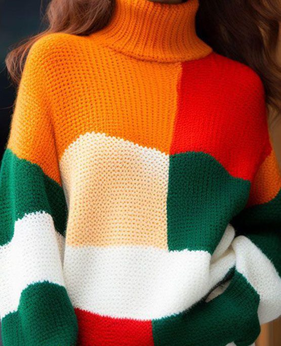 2025 New Colorblock Hign Neck Knit Sweater Tops Spring