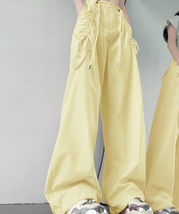 2025 New Yellow Pockets Drawstring High Waist Cotton Pants Spring