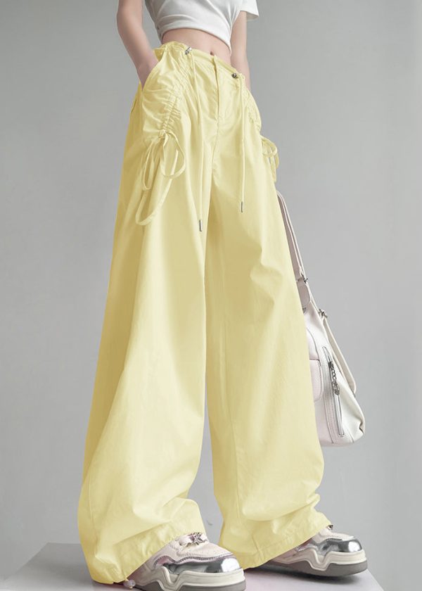 2025 New Yellow Pockets Drawstring High Waist Cotton Pants Spring - Image 4
