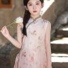 2025 Pink Stand Collar Print Kids Long Dresses Sleeveless