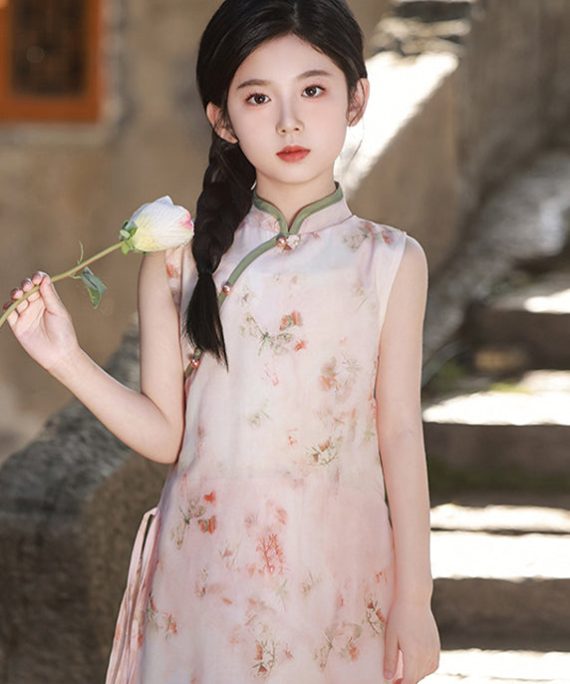 2025 Pink Stand Collar Print Kids Long Dresses Sleeveless