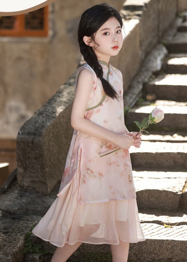 2025 Pink Stand Collar Print Kids Long Dresses Sleeveless - Image 4