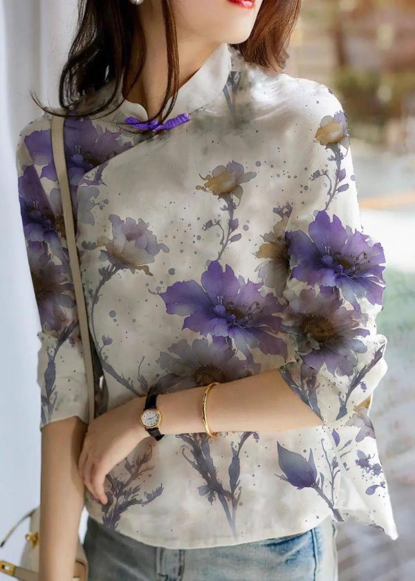 Unique Beige Print Linen Blouses Spring - Image 5