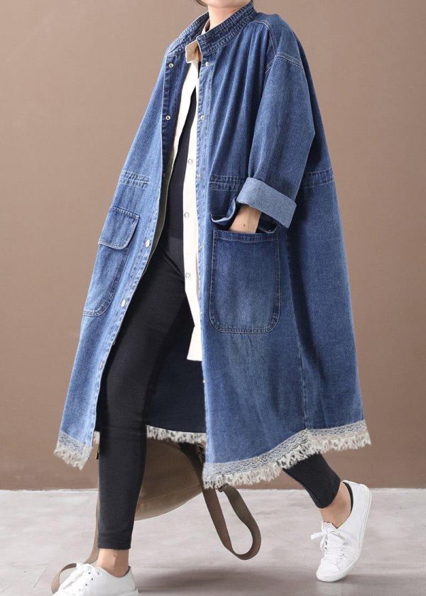 French denim blue Plus Size box coat Shape stand collar drawstring coat - Image 7