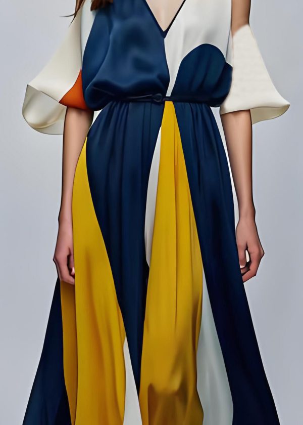 Style Colorblock V Neck Cold Shoulder Silk Maxi Dresses Summer - Image 3