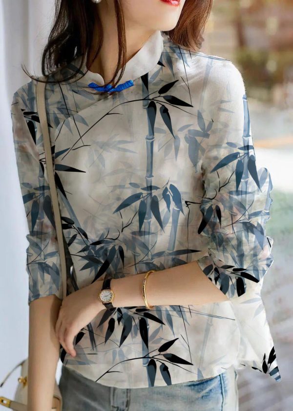 Unique Beige Print Linen Blouses Spring - Image 6