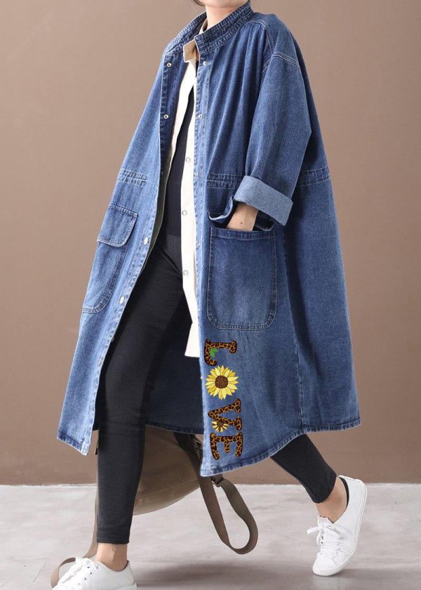 French denim blue Plus Size box coat Shape stand collar drawstring coat - Image 8
