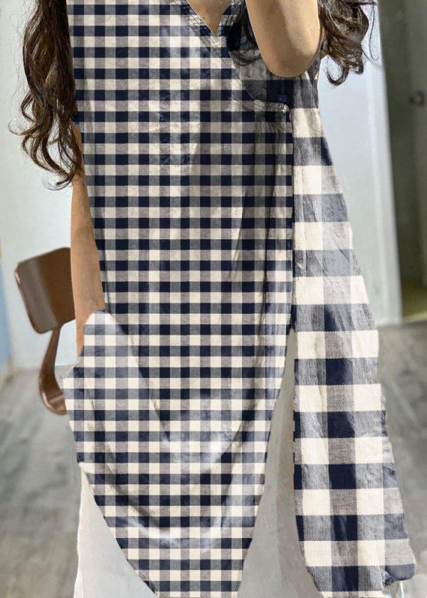 Simple v neck prints linen clothes side open loose Dress - Image 6