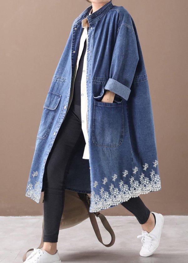 French denim blue Plus Size box coat Shape stand collar drawstring coat - Image 9