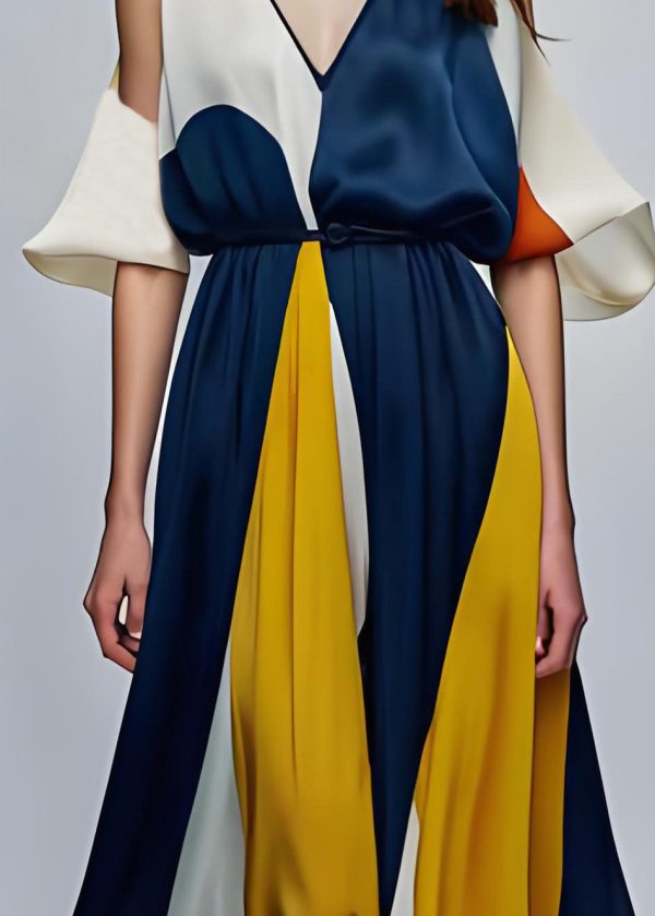 Style Colorblock V Neck Cold Shoulder Silk Maxi Dresses Summer - Image 4