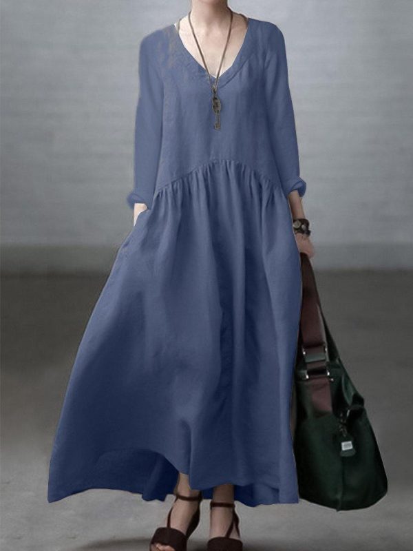 Simple and Loose V-neck Cotton and Linen Dress - Image 5