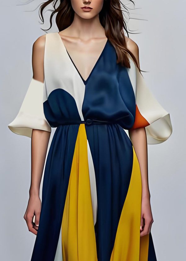 Style Colorblock V Neck Cold Shoulder Silk Maxi Dresses Summer - Image 5