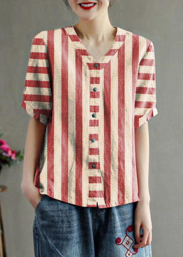 Loose Pink V Neck Embroideried Floral Summer Linen Shirt - Image 12