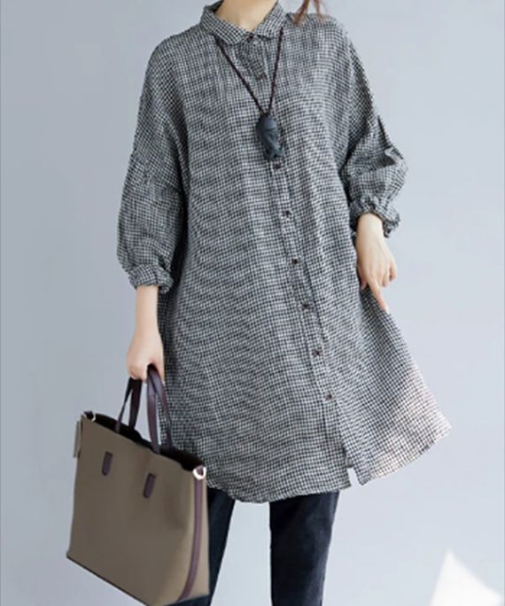 stylish black Plaid cozy cotton t shirt oversize Turn-down Collar cotton blouses Fine long sleeve tops
