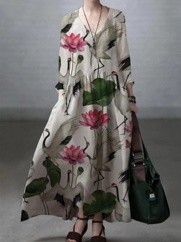 Simple and Loose V-neck Cotton and Linen Dress - Image 12