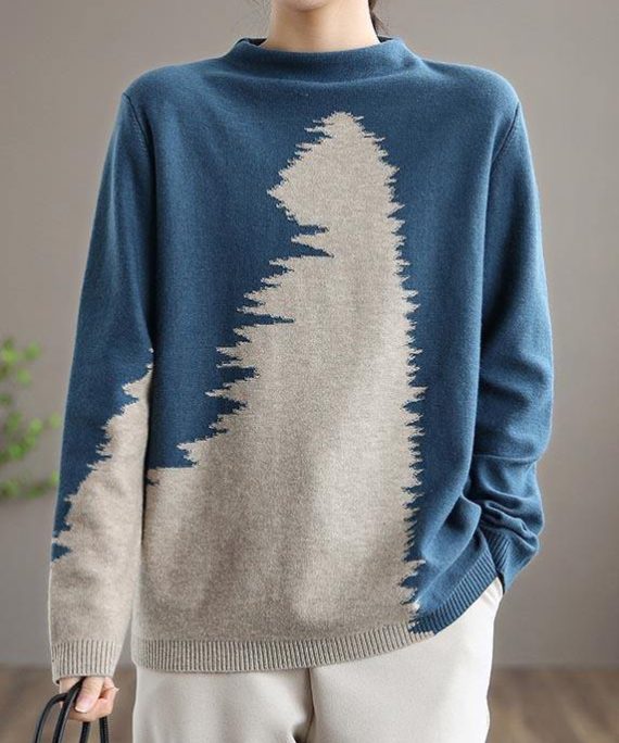 Aesthetic Blue Knitted Pullover O Neck Plus Size Knit Sweat Tops